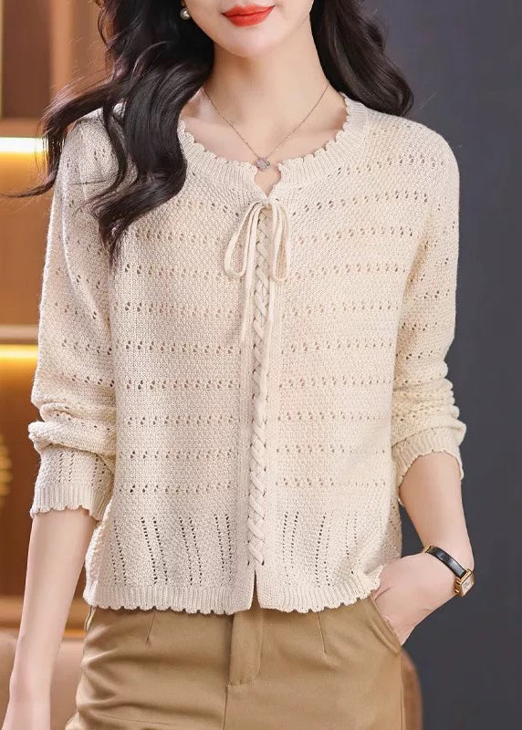 Elegant Red O Neck Hollow Out Lace Up Knit Shirt Top Fall QO056 OM-ZS241008