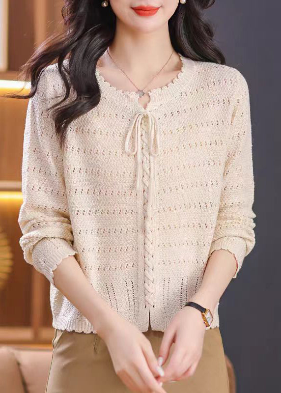 Elegant Red O Neck Hollow Out Lace Up Knit Shirt Top Fall QO056 OM-ZS241008