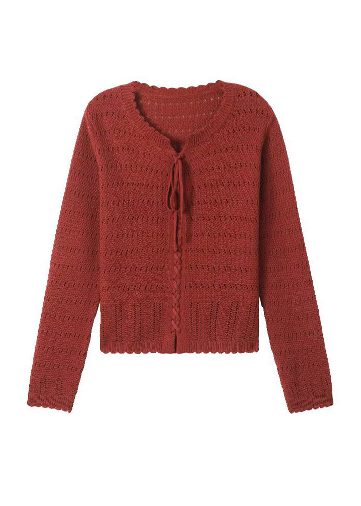 Elegant Red O Neck Hollow Out Lace Up Knit Shirt Top Fall QO056 OM-ZS241008