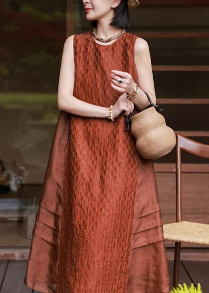 Elegant Red O Neck Patchwork Cotton Long Dresses Sleeveless WN025 ABC