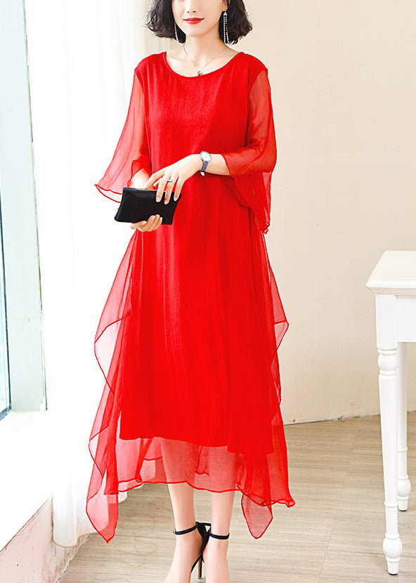 Elegant Red O-Neck Solid Ice Silk Long Dress Flare Sleeve OP1009 Ada Fashion