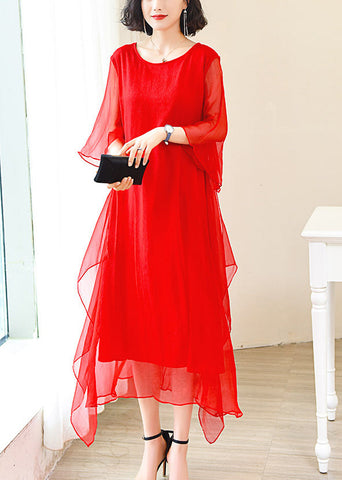 Elegant Red O-Neck Solid Ice Silk Long Dress Flare Sleeve OP1009 Ada Fashion