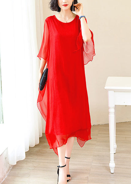 Elegant Red O-Neck Solid Ice Silk Long Dress Flare Sleeve OP1009 Ada Fashion