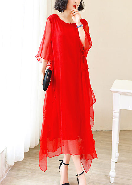 Elegant Red O-Neck Solid Ice Silk Long Dress Flare Sleeve OP1009 Ada Fashion