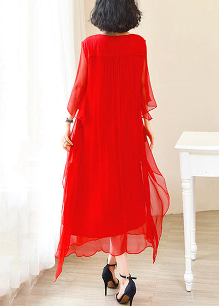 Elegant Red O-Neck Solid Ice Silk Long Dress Flare Sleeve OP1009 Ada Fashion