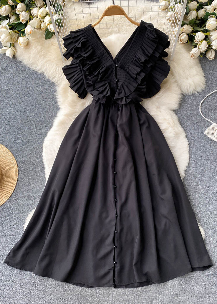 Elegant Red Ruffled Button Solid Cotton Dress Summer TR037 ZS-SDL240730