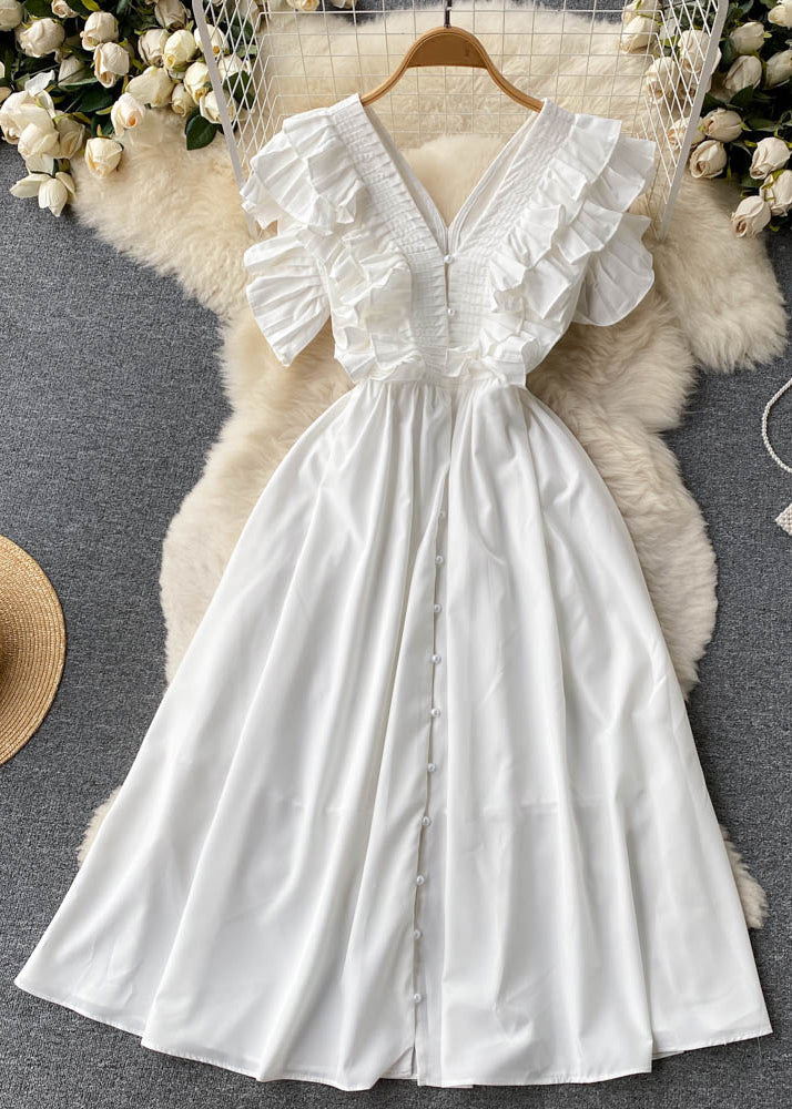 Elegant Red Ruffled Button Solid Cotton Dress Summer TR037 ZS-SDL240730