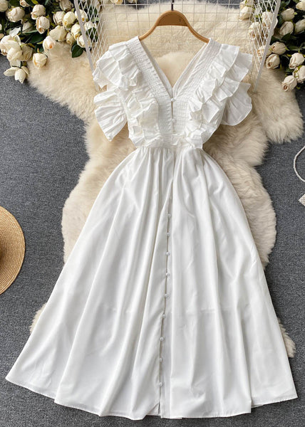 Elegant Red Ruffled Button Solid Cotton Dress Summer TR037 ZS-SDL240730