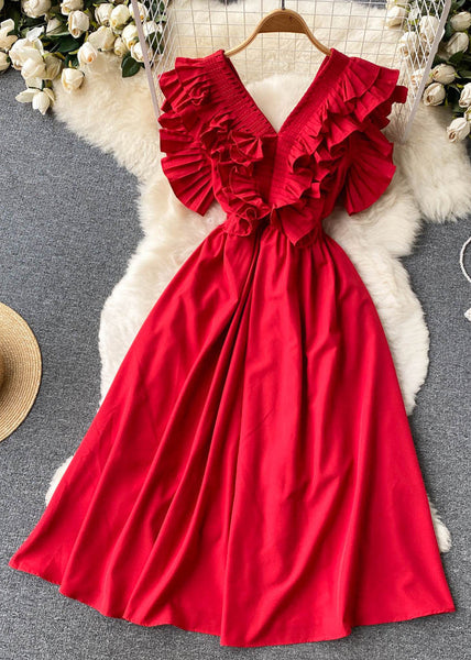 Elegant Red Ruffled Button Solid Cotton Dress Summer TR037 ZS-SDL240730