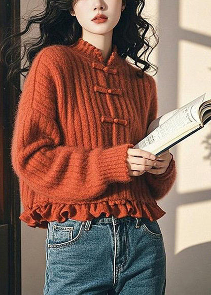 Elegant Red Ruffled Chinese Button Knit Short Sweater Spring MZF-NTP250315