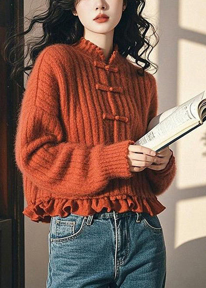 Elegant Red Ruffled Chinese Button Knit Short Sweater Spring MZF-NTP250315