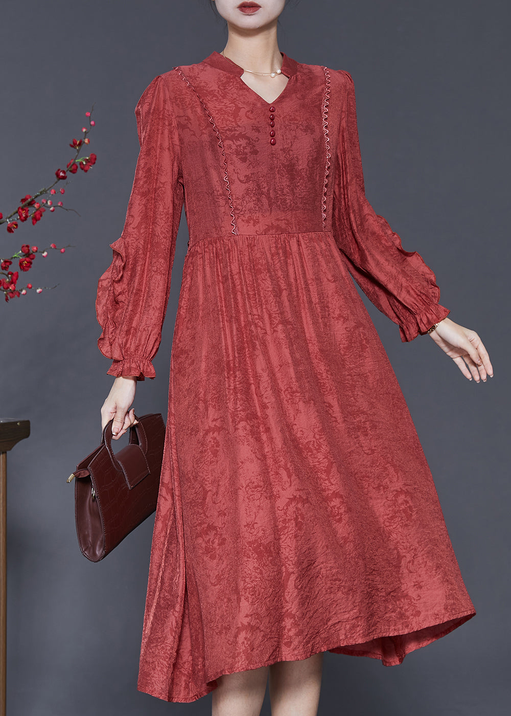 Elegant Red Ruffled Jacquard Cotton Robe Dresses Spring SD1032 Ada Fashion