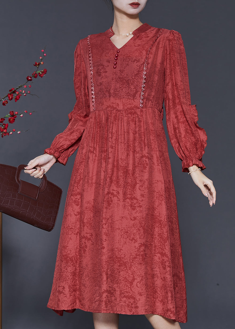 Elegant Red Ruffled Jacquard Cotton Robe Dresses Spring SD1032 Ada Fashion