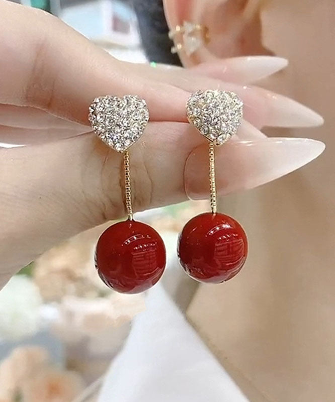 Elegant Red Sterling Silver Zircon Pearl Love Drop Earrings QZ015 JEW-EAR241023