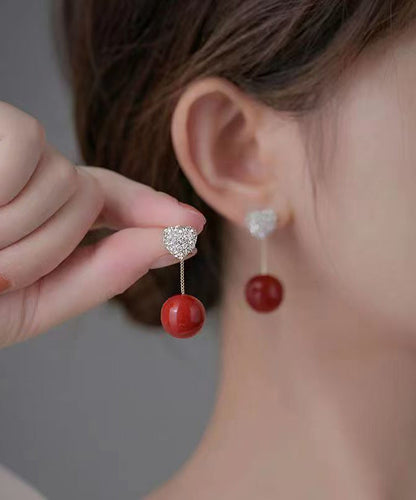 Elegant Red Sterling Silver Zircon Pearl Love Drop Earrings QZ015 JEW-EAR241023