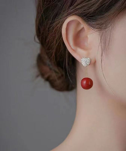 Elegant Red Sterling Silver Zircon Pearl Love Drop Earrings QZ015 JEW-EAR241023