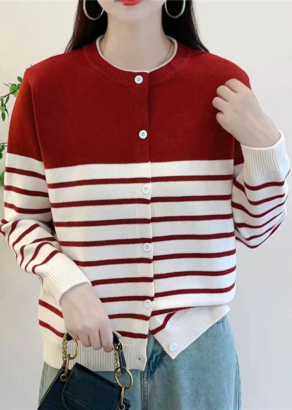 Elegant Red Striped Button Knit Cardigan Fall QG005 OM-SW241015