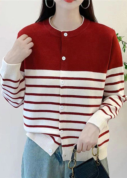 Elegant Red Striped Button Knit Cardigan Fall QG005 OM-SW241015