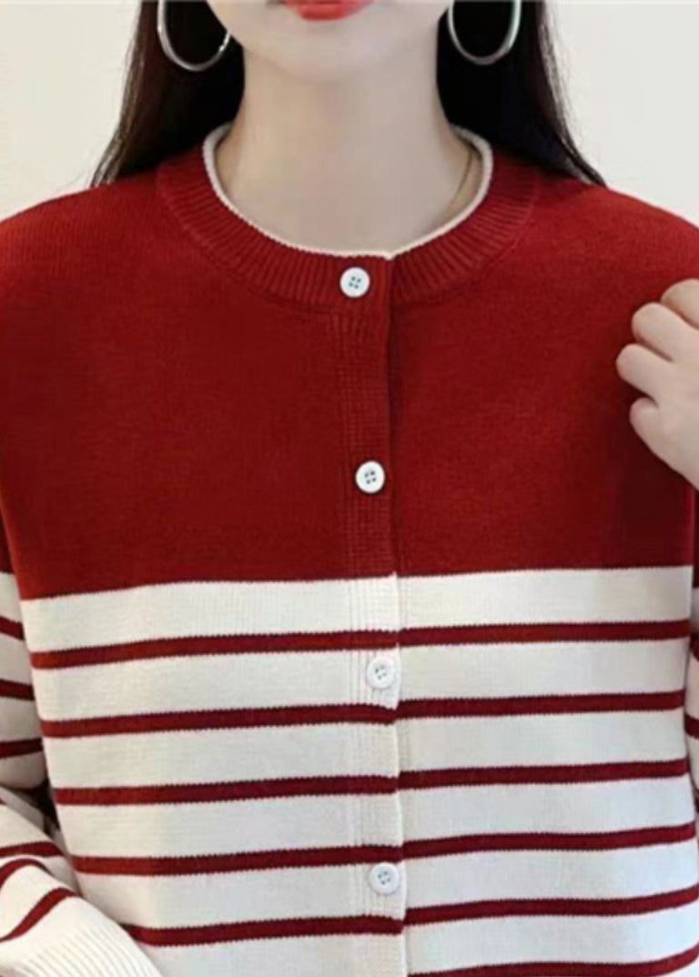 Elegant Red Striped Button Knit Cardigan Fall QG005 OM-SW241015