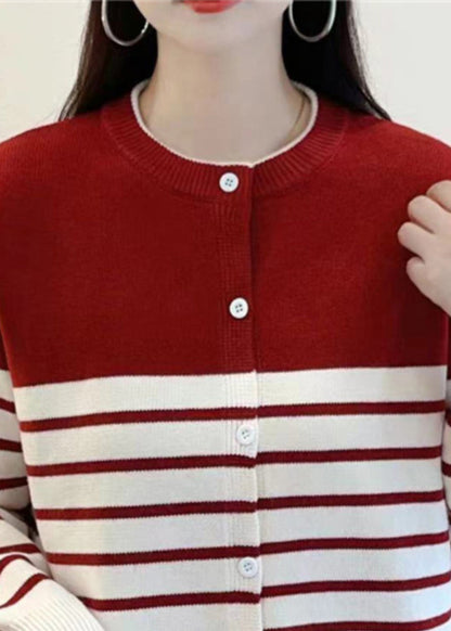Elegant Red Striped Button Knit Cardigan Fall QG005 OM-SW241015