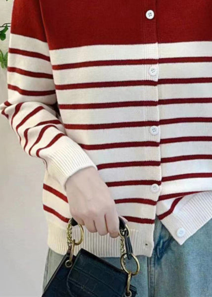 Elegant Red Striped Button Knit Cardigan Fall QG005 OM-SW241015