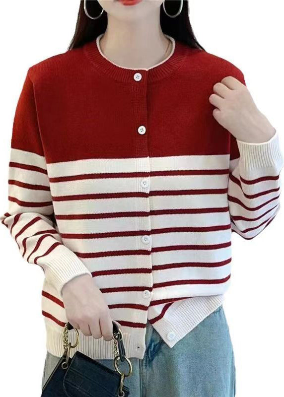 Elegant Red Striped Button Knit Cardigan Fall QG005 OM-SW241015