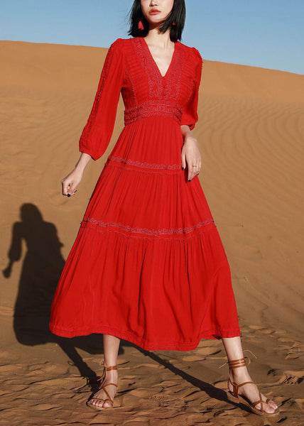 Red Elegant V Cotton Dresses Solid Neck Long Embroidered Bracelet FashionChic