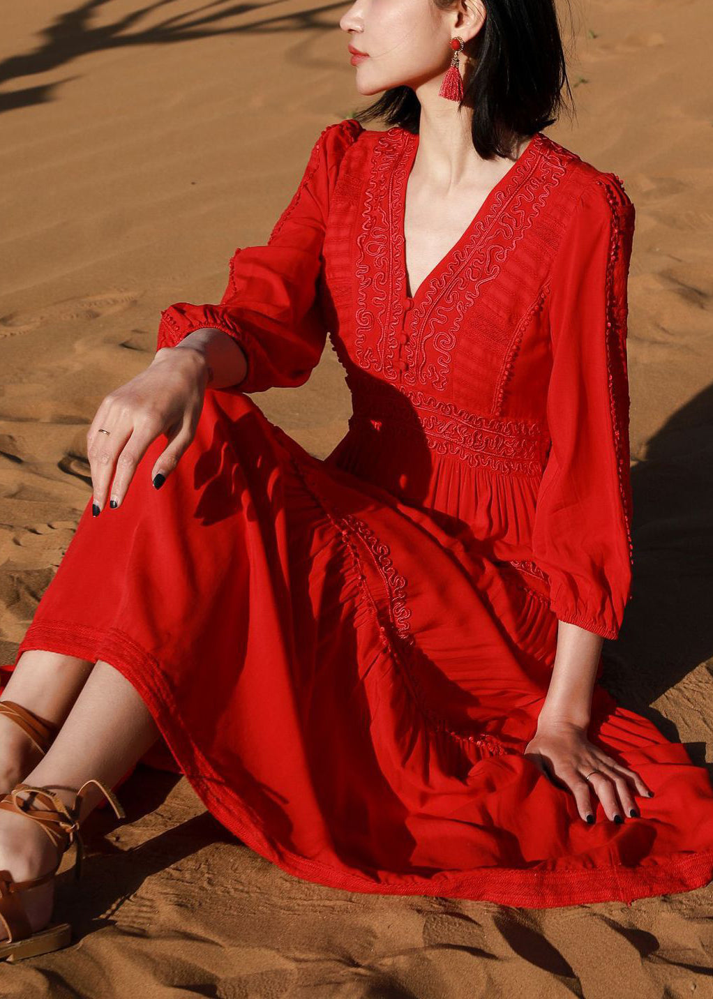 Red Elegant V Cotton Dresses Solid Neck Long Embroidered Bracelet FashionChic