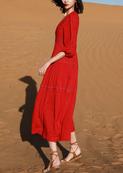 Red Elegant V Cotton Dresses Solid Neck Long Embroidered Bracelet FashionChic