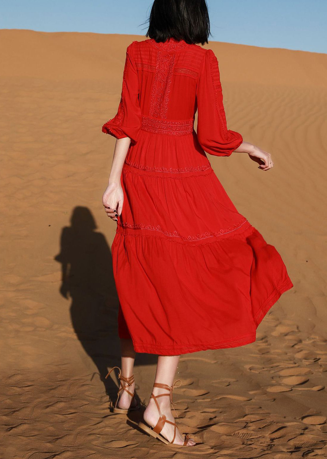 Red Elegant V Cotton Dresses Solid Neck Long Embroidered Bracelet FashionChic