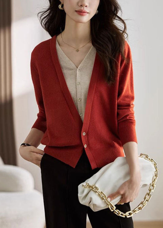 Elegant Red V Neck Patchwork False Two Pieces Knit Coat Spring TZ030