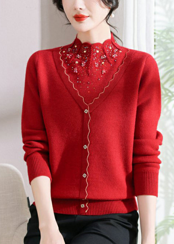 Elegant Red Zircon False Two Pieces Woolen Short Sweater Spring TQ003 ABC