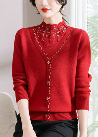 Elegant Red Zircon False Two Pieces Woolen Short Sweater Spring TQ003 ABC