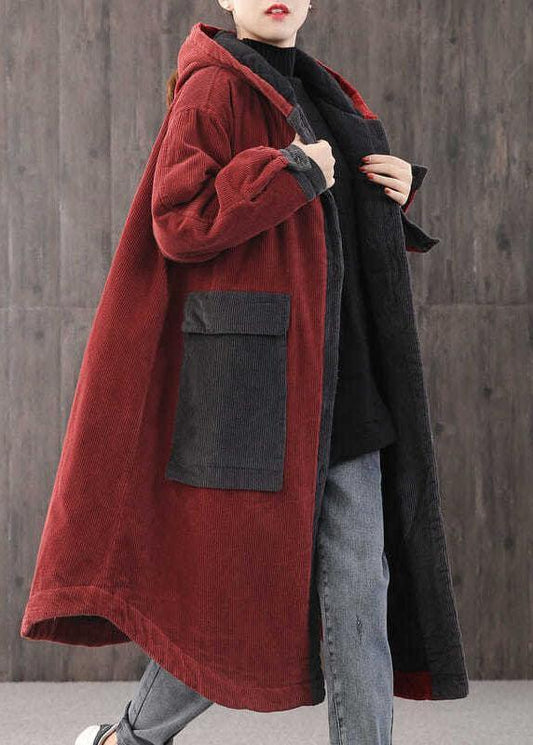 Elegant Red hooded Pockets Button Winter Coat Long sleeve QS046 WT-WG-DJK210914