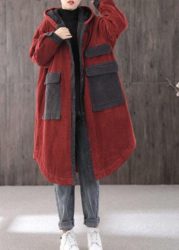 Elegant Red hooded Pockets Button Winter Coat Long sleeve QS046 WT-WG-DJK210914