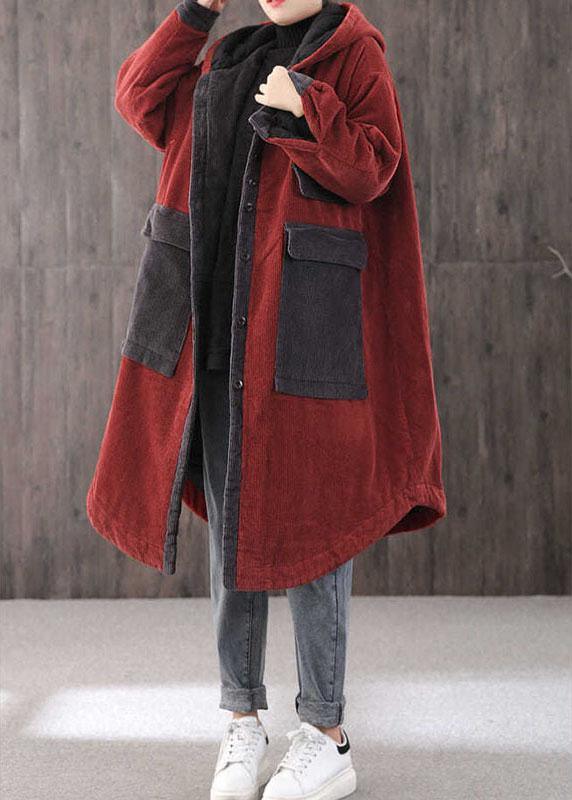 Elegant Red hooded Pockets Button Winter Coat Long sleeve QS046 WT-WG-DJK210914