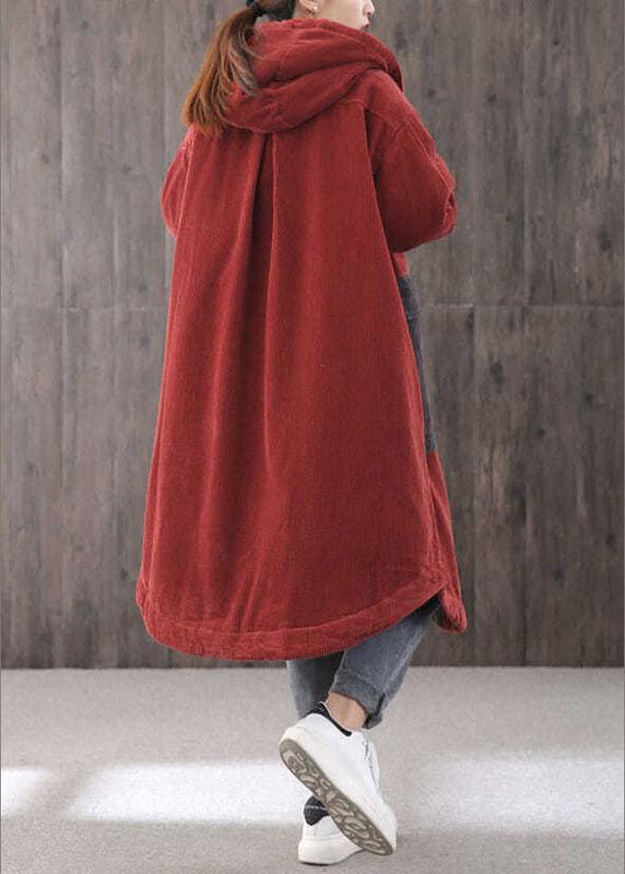 Elegant Red hooded Pockets Button Winter Coat Long sleeve QS046 WT-WG-DJK210914