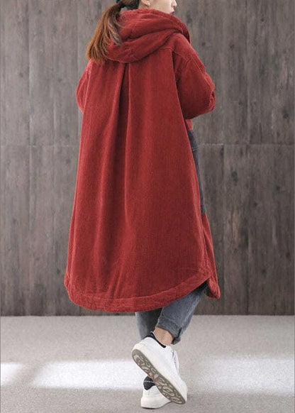 Elegant Red hooded Pockets Button Winter Coat Long sleeve QS046 WT-WG-DJK210914