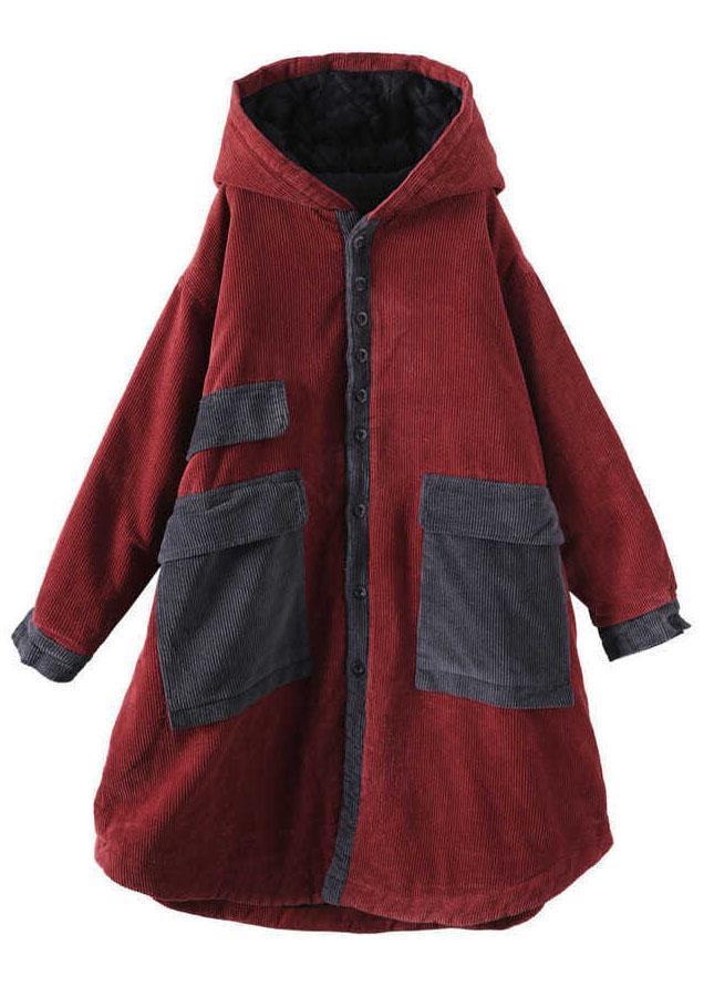 Elegant Red hooded Pockets Button Winter Coat Long sleeve QS046 WT-WG-DJK210914