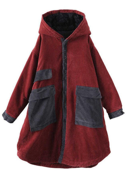Elegant Red hooded Pockets Button Winter Coat Long sleeve QS046 WT-WG-DJK210914