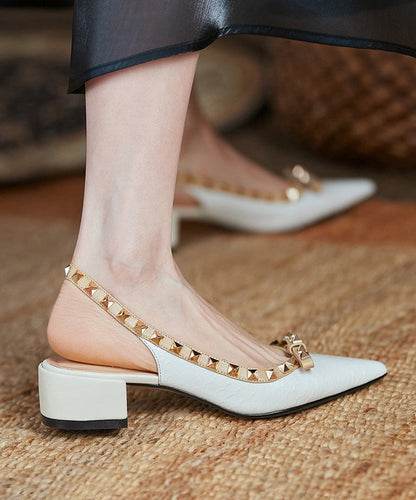 Elegant Rivet Splicing Chunky Sandals Beige Pointed Toe OI016 shoe-LX240801