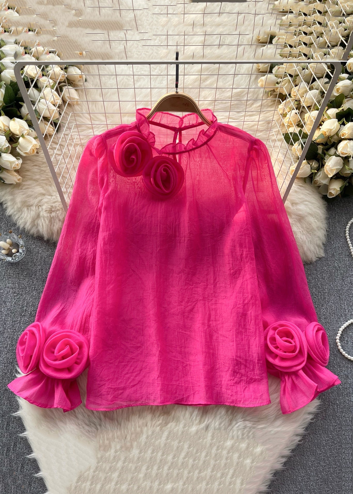 Elegant Rose Ruffled Solid Chiffon Tops Long Sleeve TR043 ZS-LTP240730