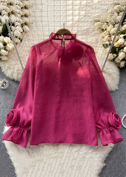 Elegant Rose Ruffled Solid Chiffon Tops Long Sleeve TR043 ZS-LTP240730