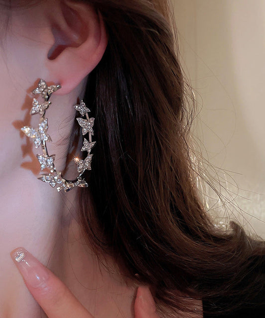 Elegant Silk Alloy Butterfly Patchwork Zircon C Shapes Hoop Earrings ZZ020 JEW-EAR240613