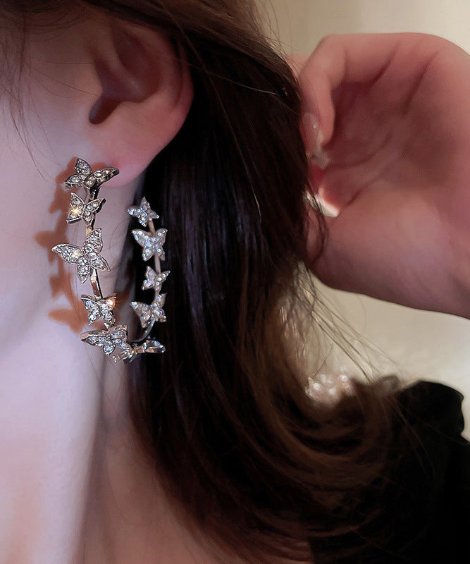 Elegant Silk Alloy Butterfly Patchwork Zircon C Shapes Hoop Earrings ZZ020 JEW-EAR240613