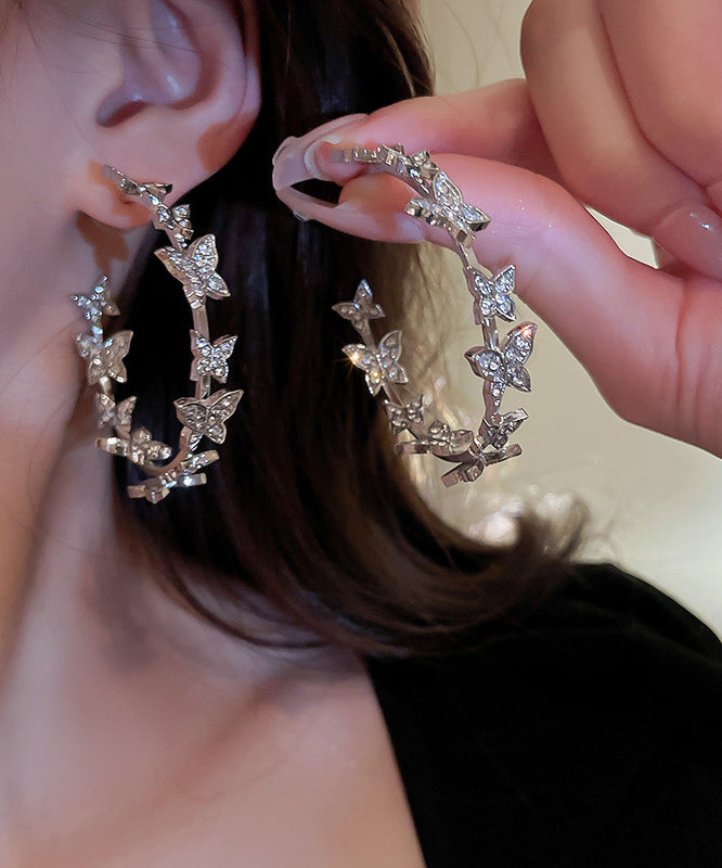 Elegant Silk Alloy Butterfly Patchwork Zircon C Shapes Hoop Earrings ZZ020 JEW-EAR240613