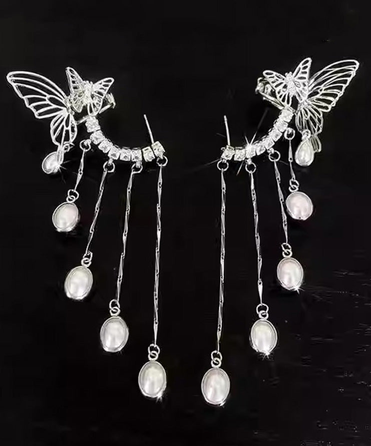 Elegant Silk Copper Zircon Pearl Butterfly Tassel Drop Earrings QJ047 JEW-EAR241021