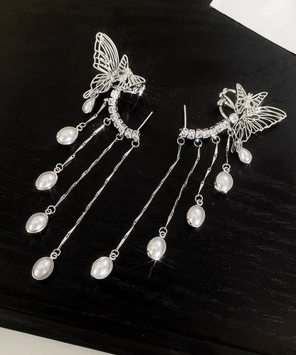 Elegant Silk Copper Zircon Pearl Butterfly Tassel Drop Earrings QJ047 JEW-EAR241021