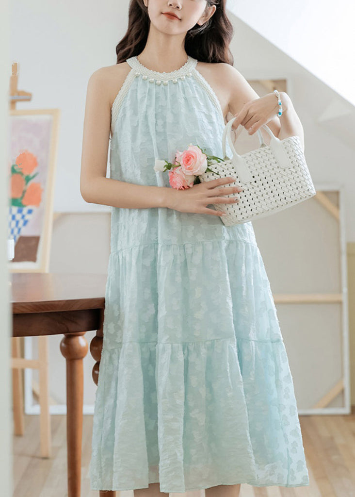 Elegant Sky Blue Pearl Bow Cotton Dresses Sleeveless XX043 SH-LF-SDL240611