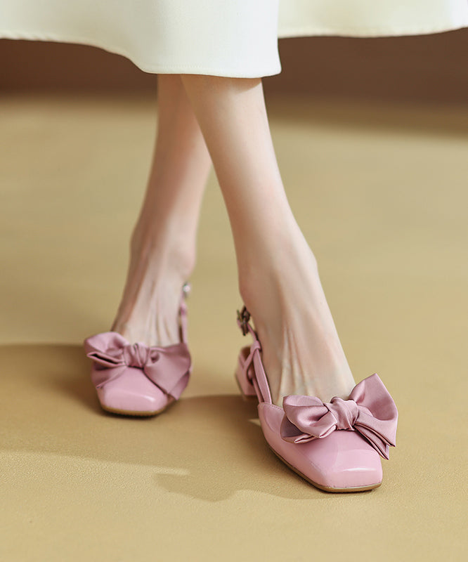 Elegant Splicing Bow Chunky Sandals Pink Cowhide Leather RI033 ABC